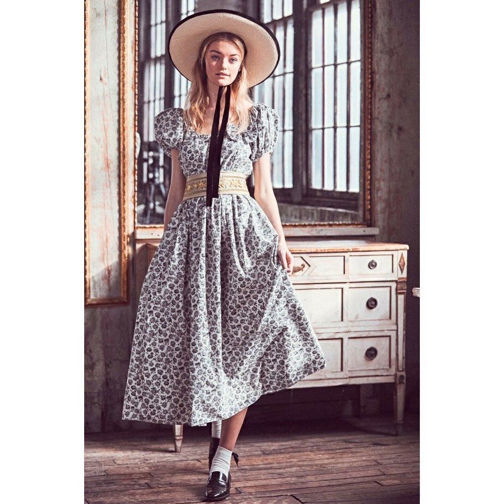 NEW LOVESHACKFANCY LAIS FLORAL PUFF SLEEVE VINTAGE POPLIN DRESS WARM GREY - Picture 5 of 8